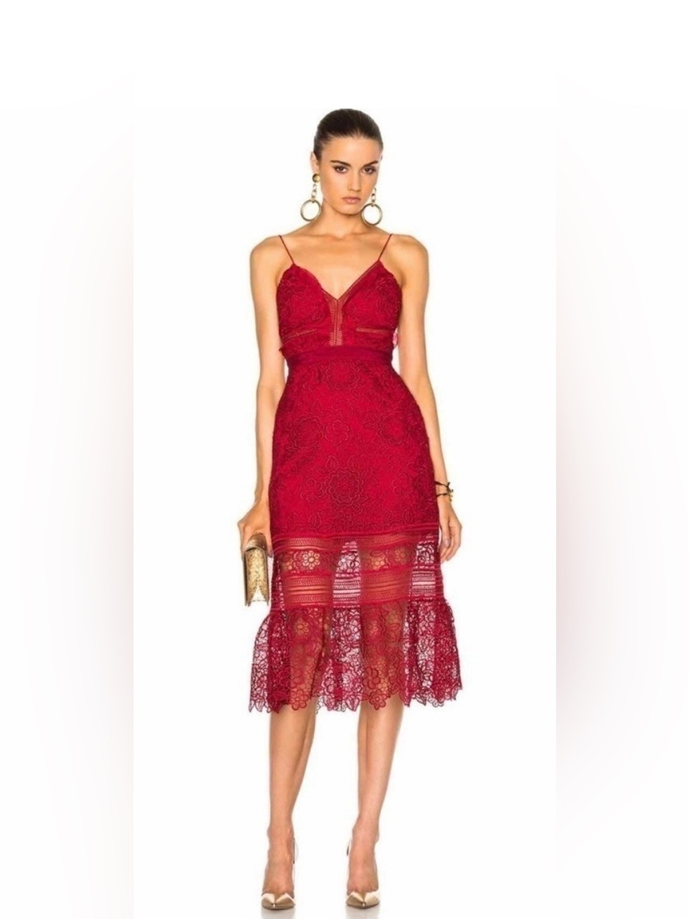 Self-Portrait Burgundy Lace Spaghetti-Strap Midi Dress